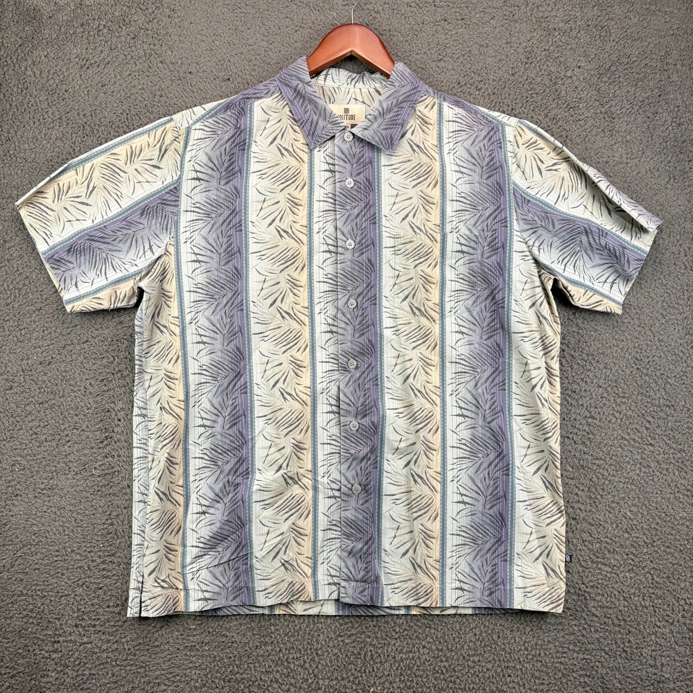 Solitude Mens Large Short Sleeve Button Down Shirt Blue Gray Palm Leaf Striped